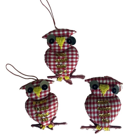 Vintage Handmade Gingham Owl Ornaments Set of 3 Sequins Beads Red White Gingham - Picture 5 of 5